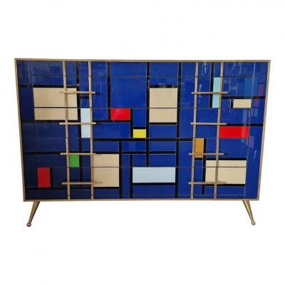 Striking Mid Century Style Brass and Blu Multicolored Murano Glass Commode 2020