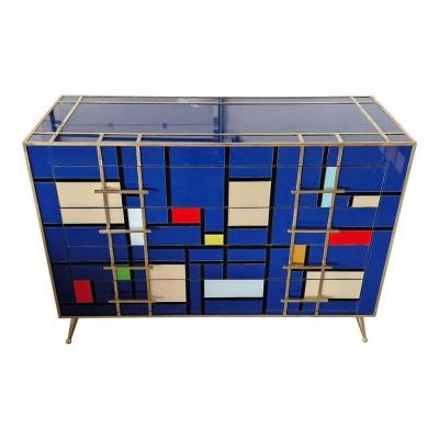 Striking Mid Century Style Brass and Blu Multicolored Murano Glass Commode 2020