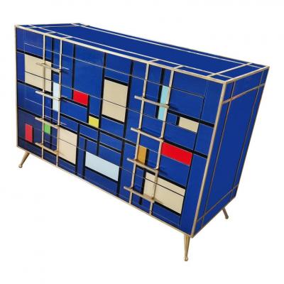 Striking Mid Century Style Brass and Blu Multicolored Murano Glass Commode 2020