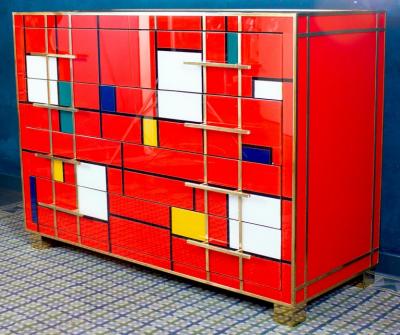 Striking Mid Century Style Brass and Red Multicolored Murano Glass Commode 2020