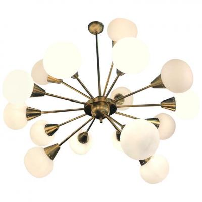 Striking Midcentury Brass and Opaline Murano Glass Large Sputnik Chandelier