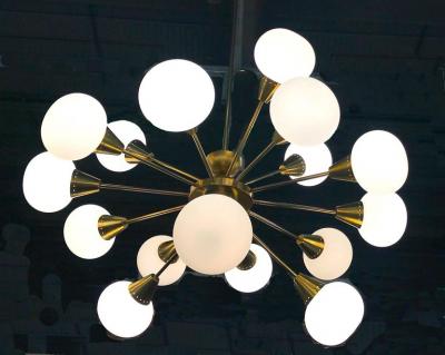 Striking Midcentury Brass and Opaline Murano Glass Large Sputnik Chandelier