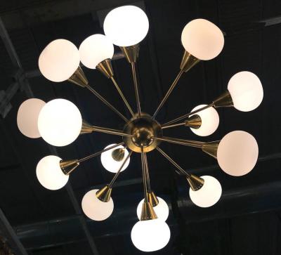 Striking Midcentury Brass and Opaline Murano Glass Large Sputnik Chandelier