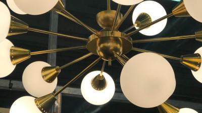 Striking Midcentury Brass and Opaline Murano Glass Large Sputnik Chandelier