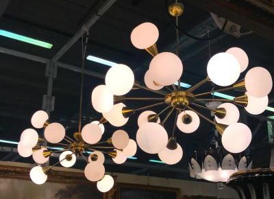 Striking Midcentury Brass and Opaline Murano Glass Large Sputnik Chandelier