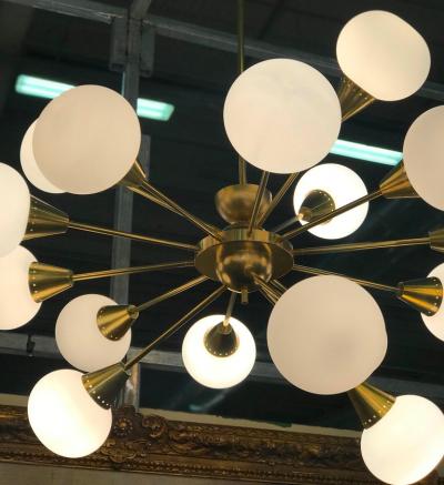Striking Midcentury Brass and Opaline Murano Glass Large Sputnik Chandelier
