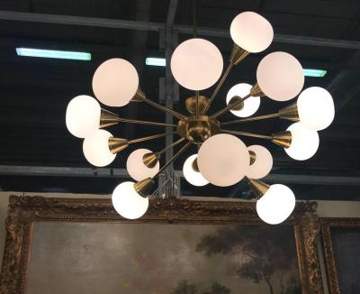 Striking Midcentury Brass and Opaline Murano Glass Large Sputnik Chandelier