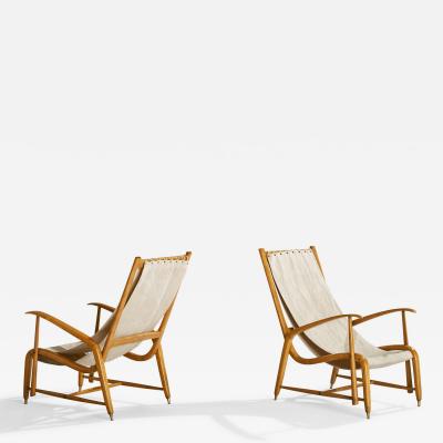 Studio BBPR Attribution Lounge Chairs with Oak Brass and Canvas Italy 1950s