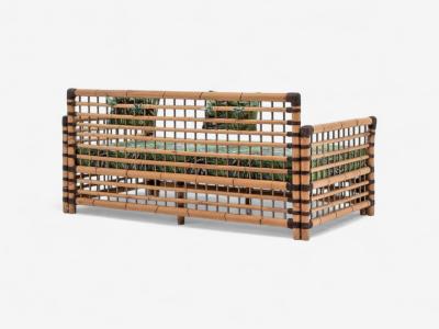 Studio Smania Italian Modern Bamboo Cane Fabric Sofa Italy 1970s