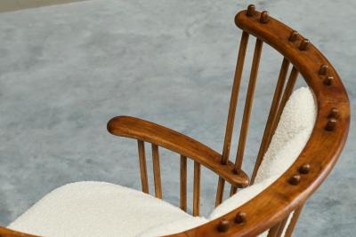 Stunning Art Deco Spindle Back Lounge Chair in Solid Wood and Boucl 1940s