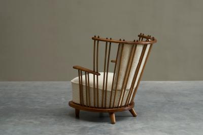 Stunning Art Deco Spindle Back Lounge Chair in Solid Wood and Boucl 1940s