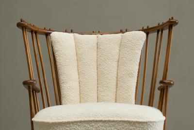 Stunning Art Deco Spindle Back Lounge Chair in Solid Wood and Boucl 1940s