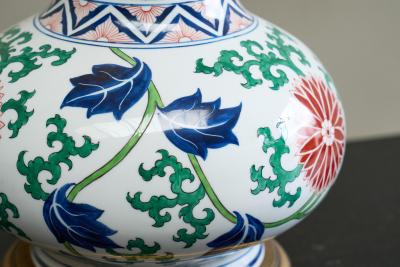 Stunning French Chinoiserie Table Lamp in Porcelain and Brass 1940s