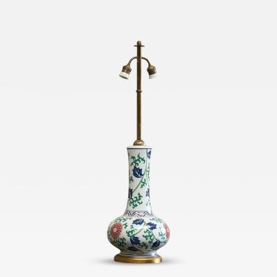 Stunning French Chinoiserie Table Lamp in Porcelain and Brass 1940s