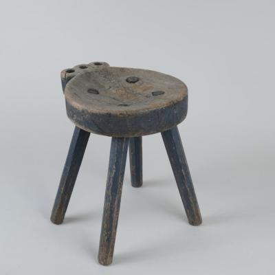 Stunning Hand Carved Folk Art Stool Grayish Blue Finland Late 1800s
