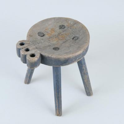 Stunning Hand Carved Folk Art Stool Grayish Blue Finland Late 1800s