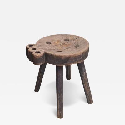 Stunning Hand Carved Folk Art Stool Grayish Blue Finland Late 1800s