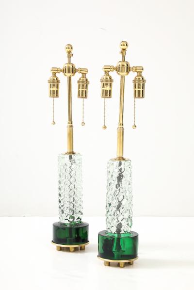 Stunning Pair of Emerald and Clear Crystal Lamps