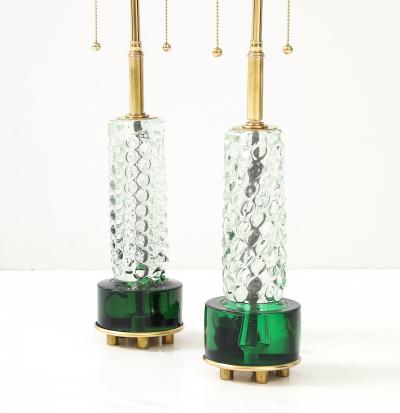 Stunning Pair of Emerald and Clear Crystal Lamps