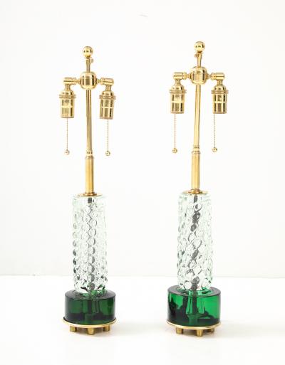 Stunning Pair of Emerald and Clear Crystal Lamps