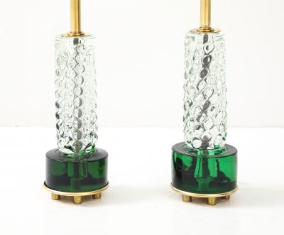Stunning Pair of Emerald and Clear Crystal Lamps
