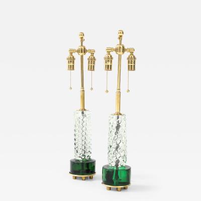 Stunning Pair of Emerald and Clear Crystal Lamps