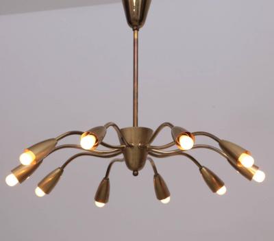 Stunning Sputnik Brass Chandelier with Ten Arms Italy 1950s