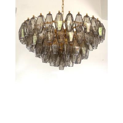 Styled After Venini Smoked Fum Poliedri Murano Glass Gold Chandelier
