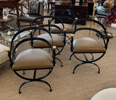 Stylish Set of Four Wrought Iron Barrel back Curule form Chairs