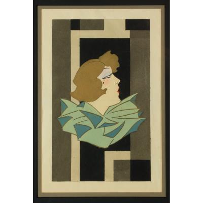 Stylized Art Deco Gouache of a Woman France 1920s