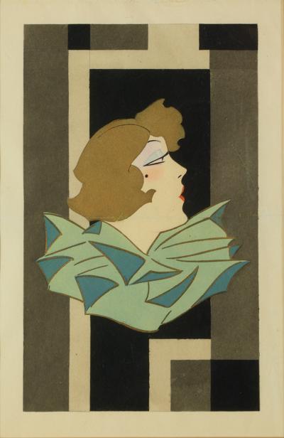 Stylized Art Deco Gouache of a Woman France 1920s