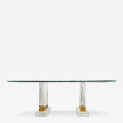 Substantial Lucite and Brass Dining Table Etched Glass Top
