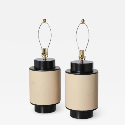 Substantial Pair of Black Enamel Barrel Table Lamps Wrapped in Beige Leather