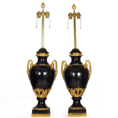 Substantial Pair of French Louis XVI Antique Black Slate Urn Lamps 43 H