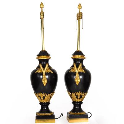 Substantial Pair of French Louis XVI Antique Black Slate Urn Lamps 43 H