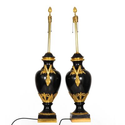 Substantial Pair of French Louis XVI Antique Black Slate Urn Lamps 43 H