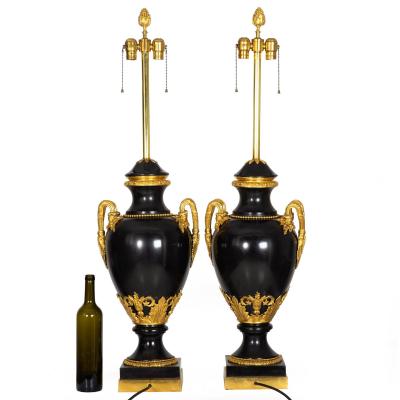 Substantial Pair of French Louis XVI Antique Black Slate Urn Lamps 43 H