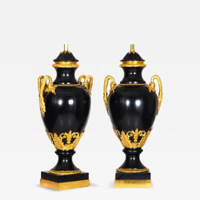 Substantial Pair of French Louis XVI Antique Black Slate Urn Lamps 43 H