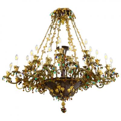 Sumptuous Liberty Bronze and Crystal 24 Arms Chandelier Italy 1920