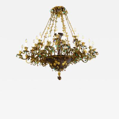 Sumptuous Liberty Bronze and Crystal 24 Arms Chandelier Italy 1920