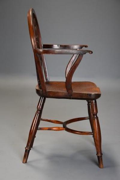 Superb 19th century yew wood Prior low hoop back Windsor armchair