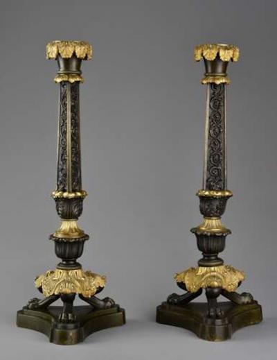 Superb 19thc French R gence style bronze and gilt bronze three branch candelabra