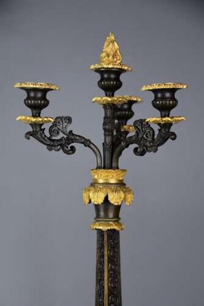 Superb 19thc French R gence style bronze and gilt bronze three branch candelabra
