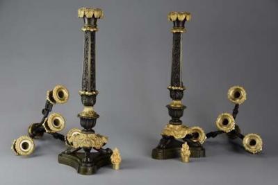 Superb 19thc French R gence style bronze and gilt bronze three branch candelabra