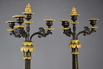 Superb 19thc French R gence style bronze and gilt bronze three branch candelabra