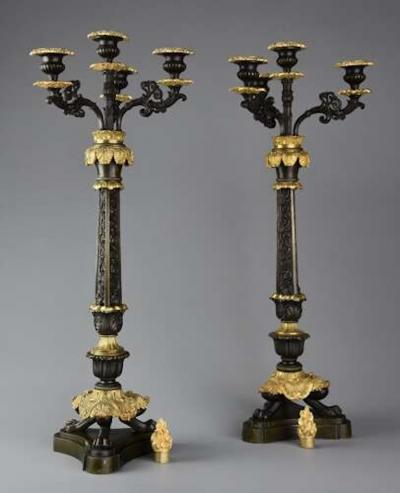 Superb 19thc French R gence style bronze and gilt bronze three branch candelabra