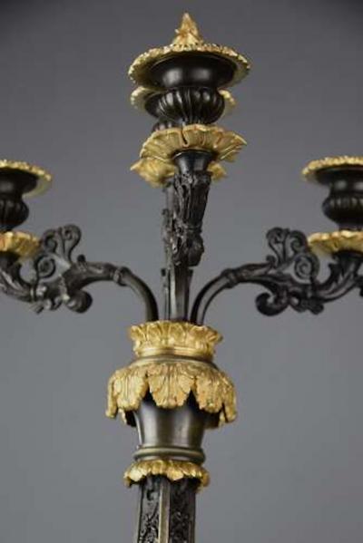Superb 19thc French R gence style bronze and gilt bronze three branch candelabra