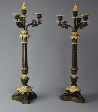 Superb 19thc French R gence style bronze and gilt bronze three branch candelabra