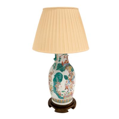 Superb Artisan Chinese Porcelain Table Lamp on Carved Wood Base 1960s