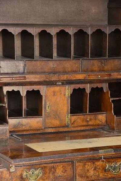 Superb English 18thc burr walnut bureau bookcase with original patina